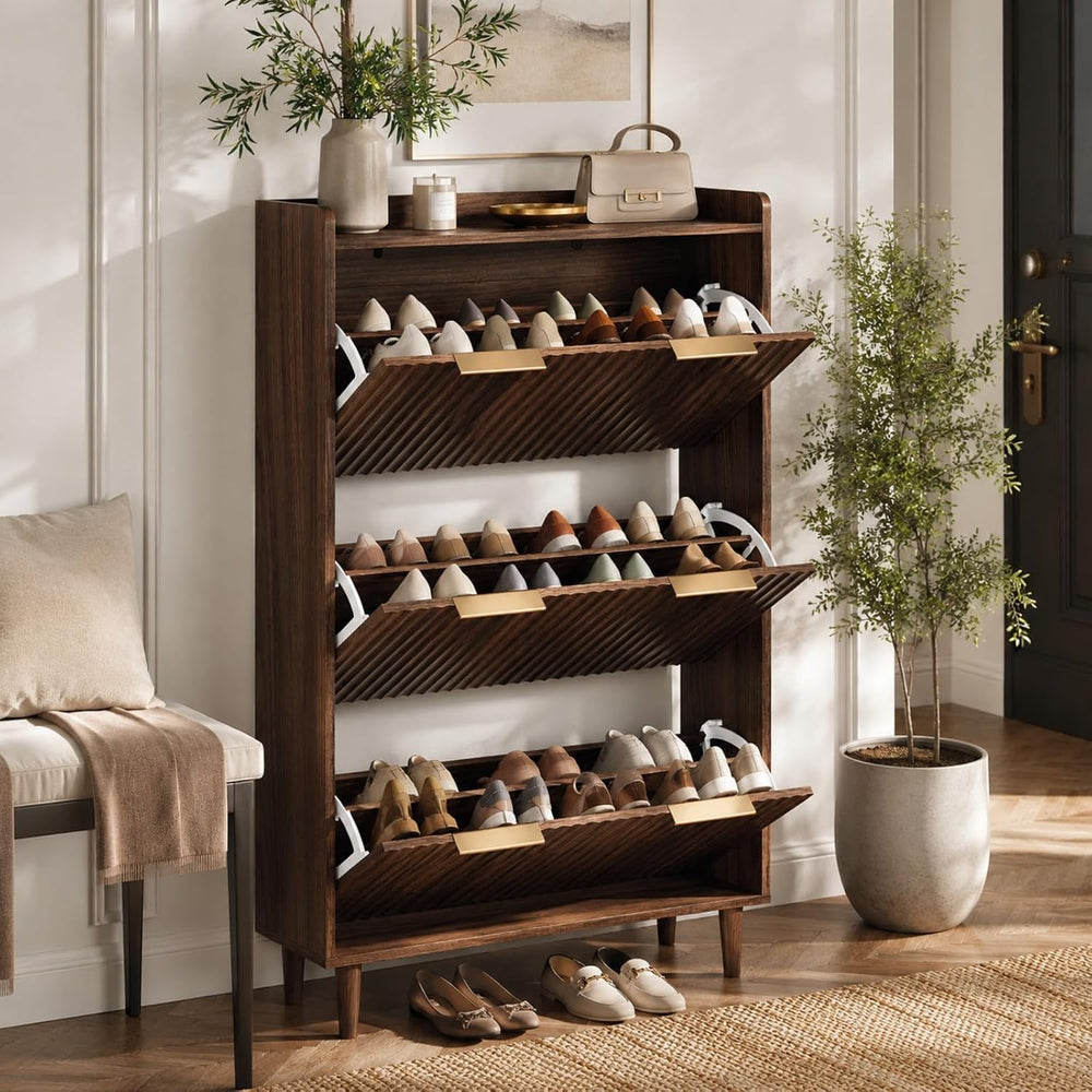 VINGLI Fluted Shoe Storage Cabinet for Entryway with 3 Flip Drawers, Narrow S...
