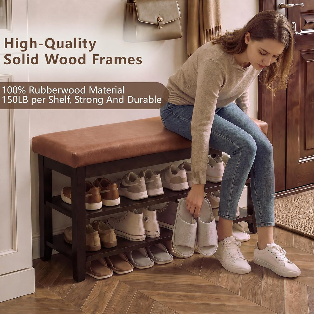 40" Solid Wood Shoe Storage Bench, 2 Tier Shoe Rack for Entryway