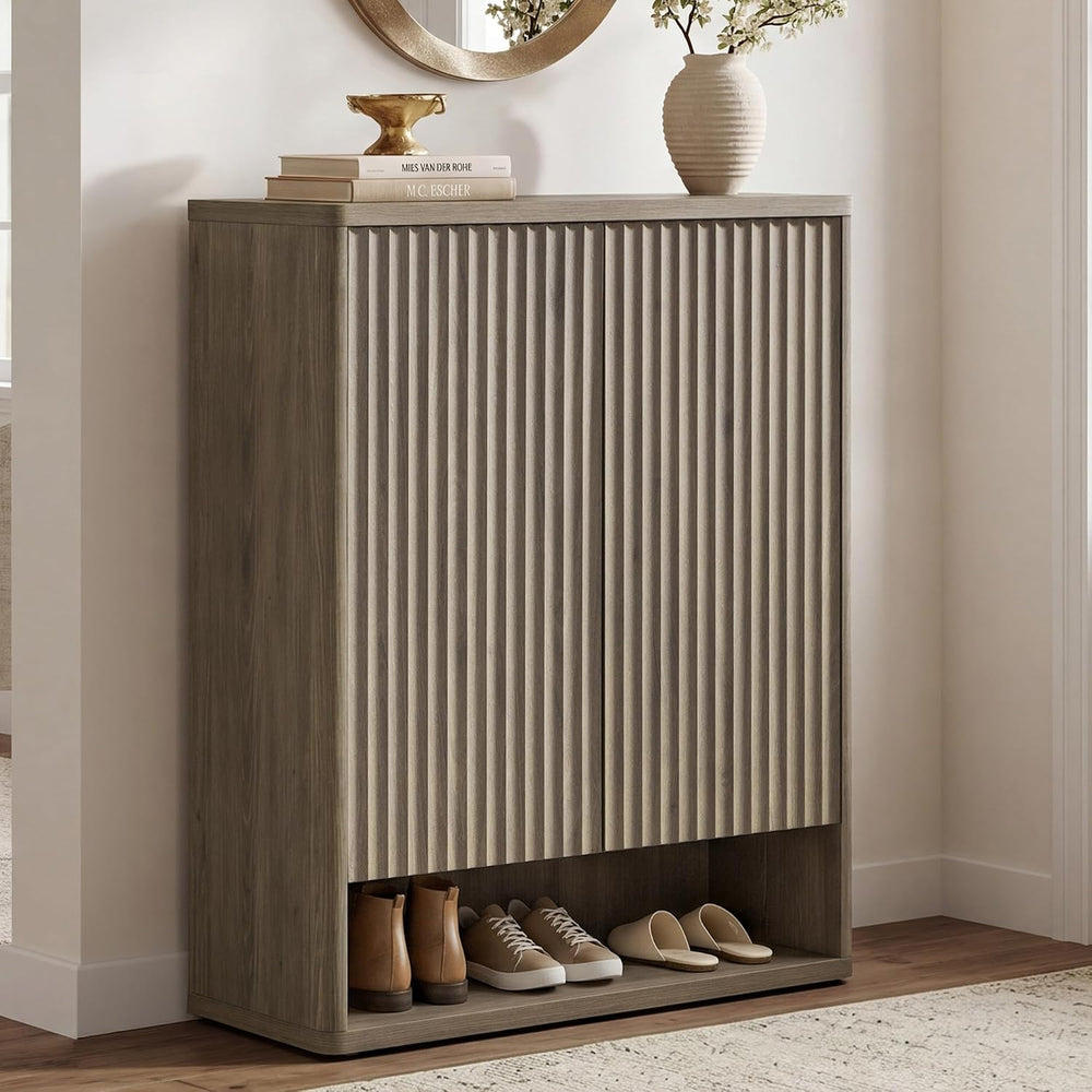 SICOTAS Shoe Cabinet 44 inch Tall Fluted Shoe Cabinet with Doors & 4 Shel...
