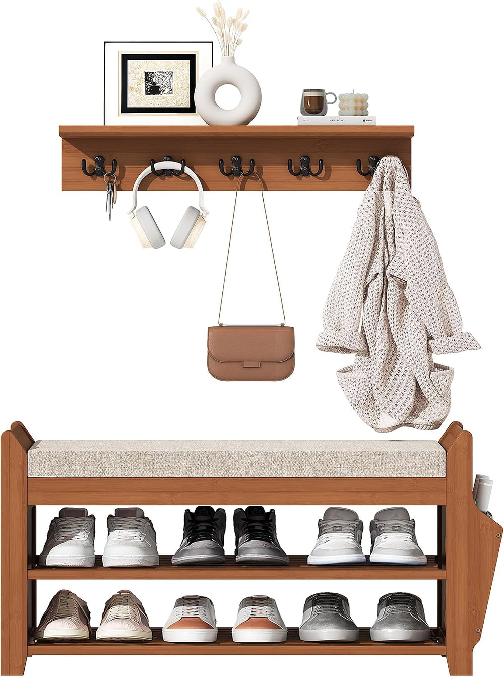 PETKABOO 31.5" Shoe Bench with Coat Rack Hidden Drawer and Side Holder, ...