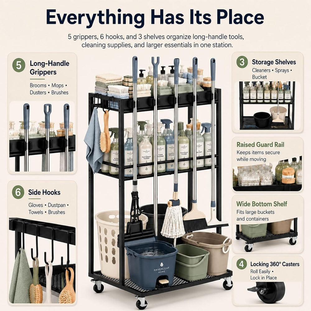 Rolling Cleaning Supply Cart, 3-Shelf Broom Mop Organizer, Locking Wheels
