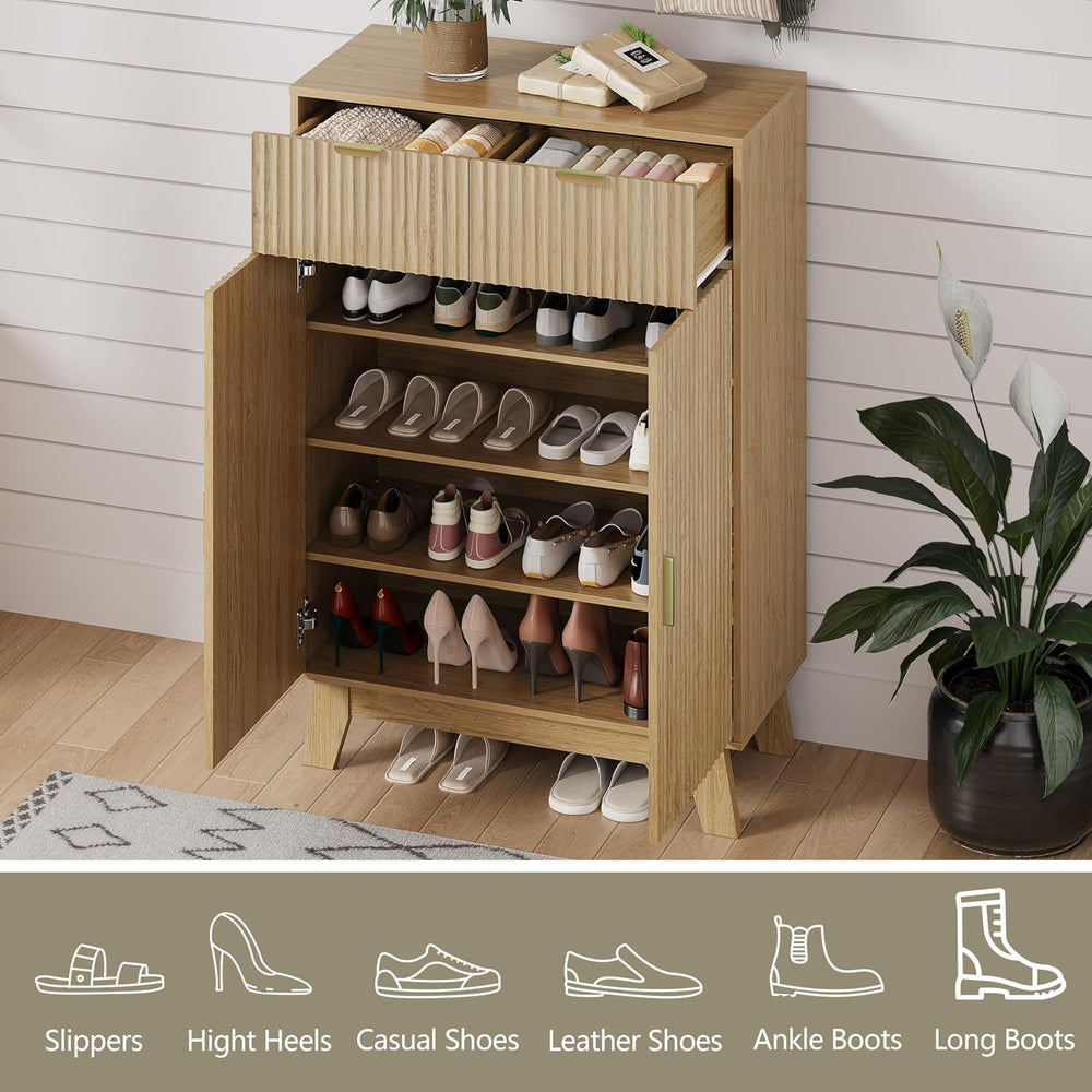 HUANLEGO 4 Tier Fluted Shoe Cabinet Storage for Entryway, Oak