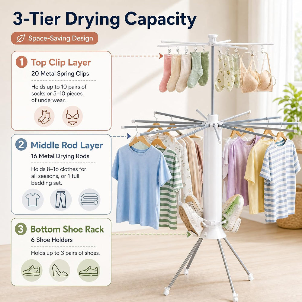 Clothes Drying Rack Foldable with Rolling Wheels, Portable Laundry Drying Rac...