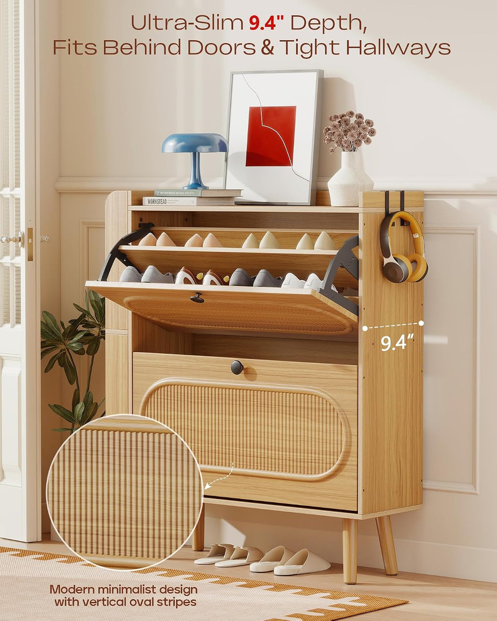 Turosur Shoe Cabinet Storage for Entryway, Adjustable Side Rack, Rustic Oak