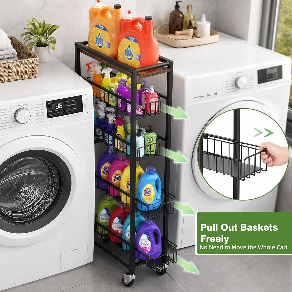 5-Tier Slim Rolling Cart Kitchen Utility Cart, Narrow Kitchen Cabinet with 4 ...