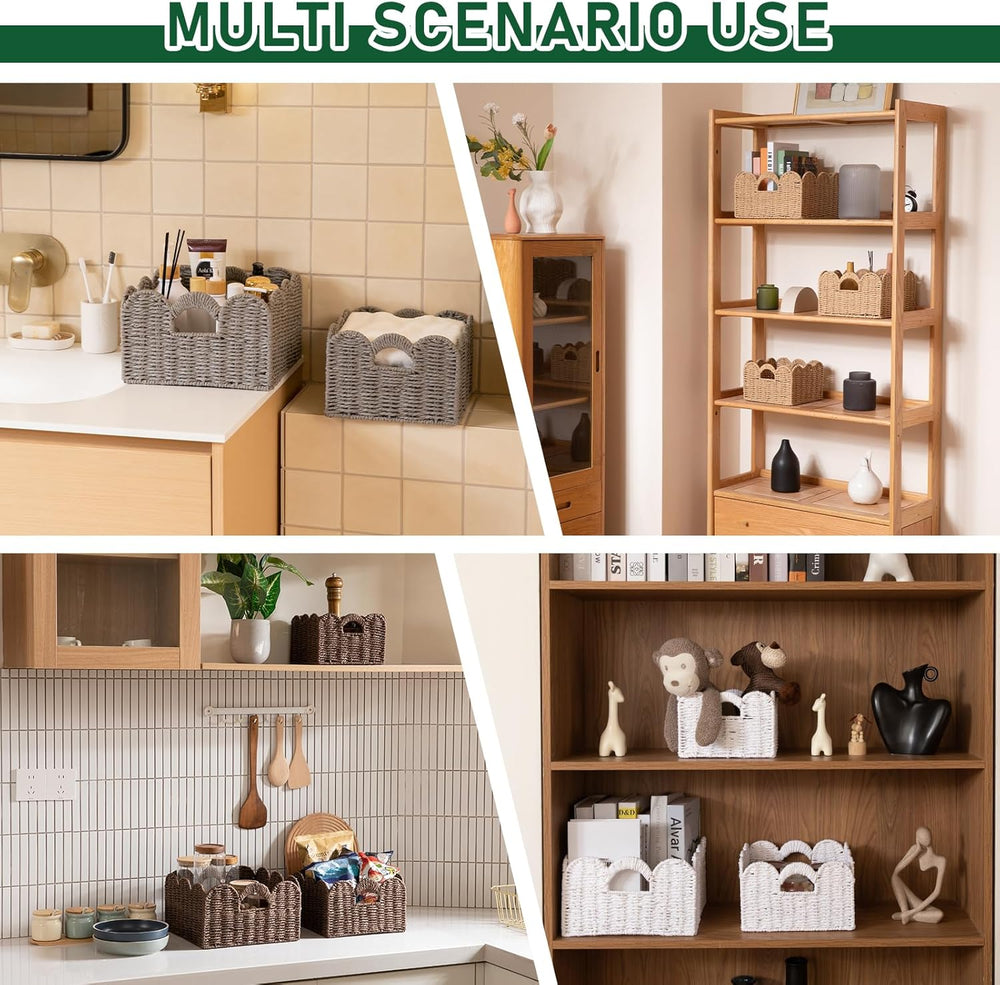 OIAHOMY Scalloped Wicker Baskets, Hand-woven Storage Baskets with Built-in Ha...