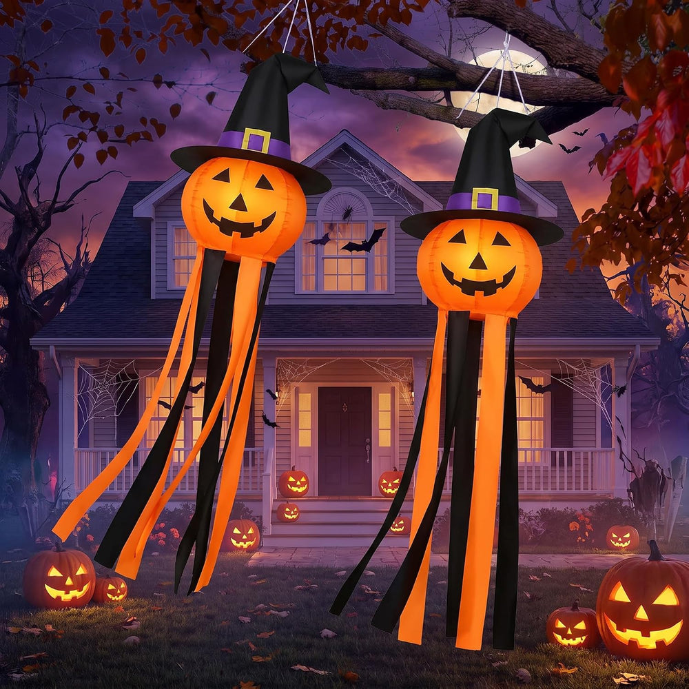 2 Pcs Halloween Pumpkin Windsocks Decoration 40'' Outdoor Ghost Winds...
