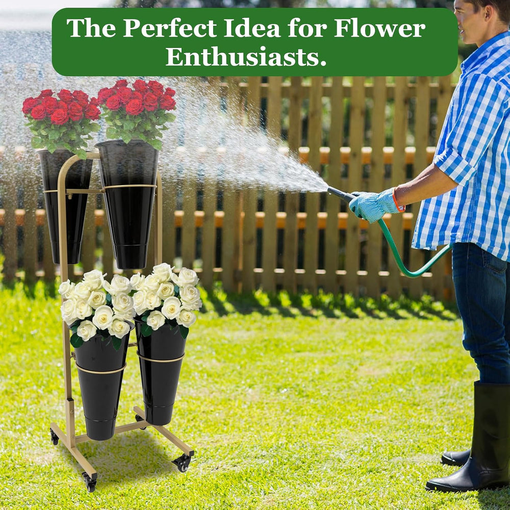 Flower Display Stand with 6 Pieces Bucket, Metal Plant Stand, Heavy Duty Movi...