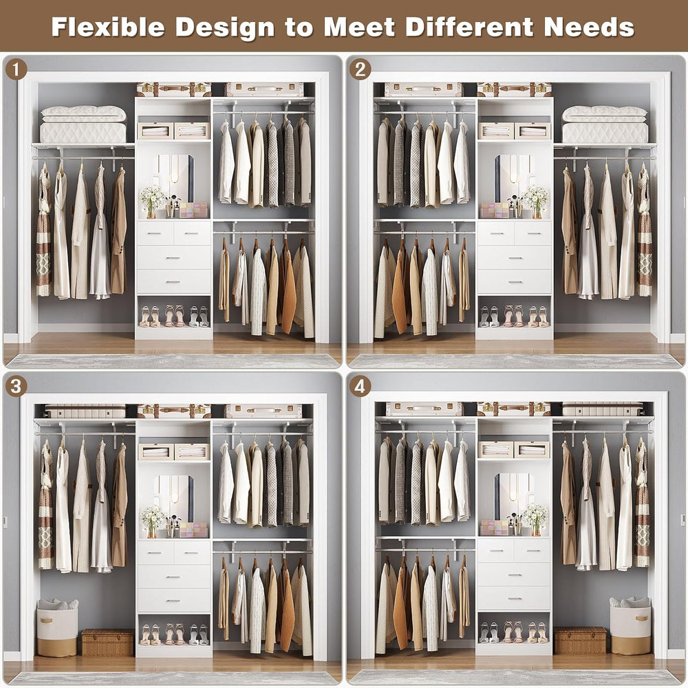 Unikito 8FT Closet System with 4 Drawers, 96" Wood Closet Organizer with...