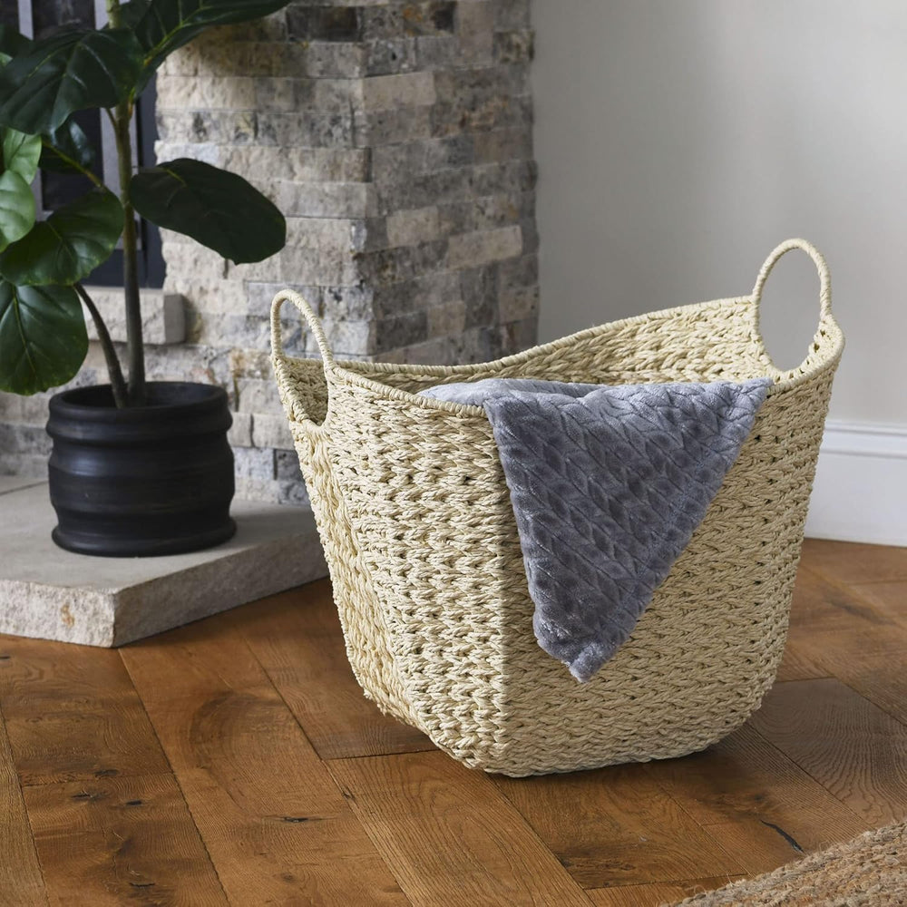 Household Essentials Cream Paper Rope Basket with Handles, Natural Woven Stor...