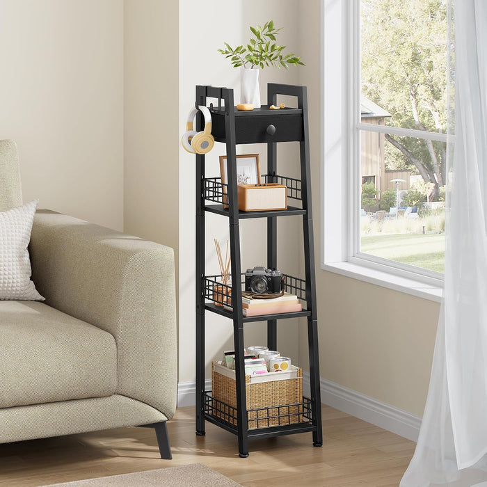 Gewudraw 4-Tier Narrow Bathroom Ladder Shelf with Storage Drawer, Black