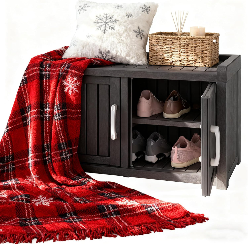 2-Tier Storage Bench, Waterproof UV-Resistant Outdoor Shoe Storage Cabinet wi...