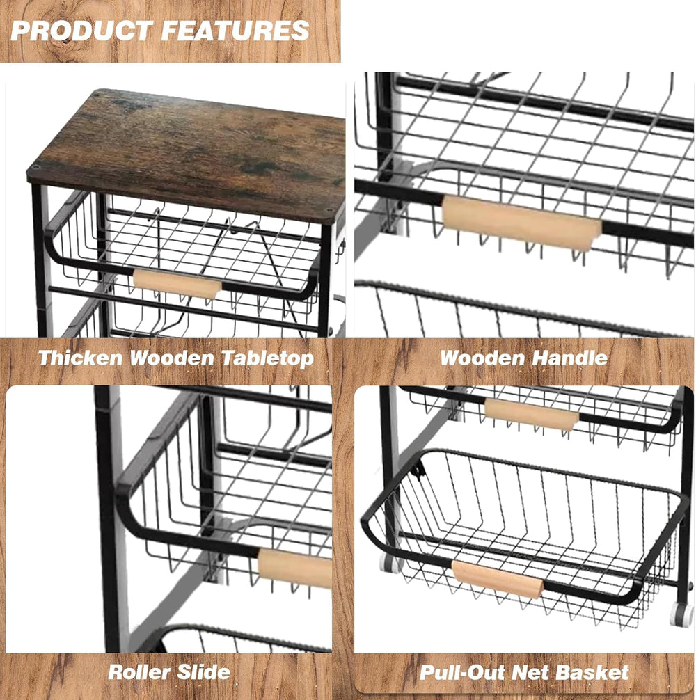 4-Tier Vegetable Fruit Basket for Kitchen Storage Rolling Cart on Wheels with...