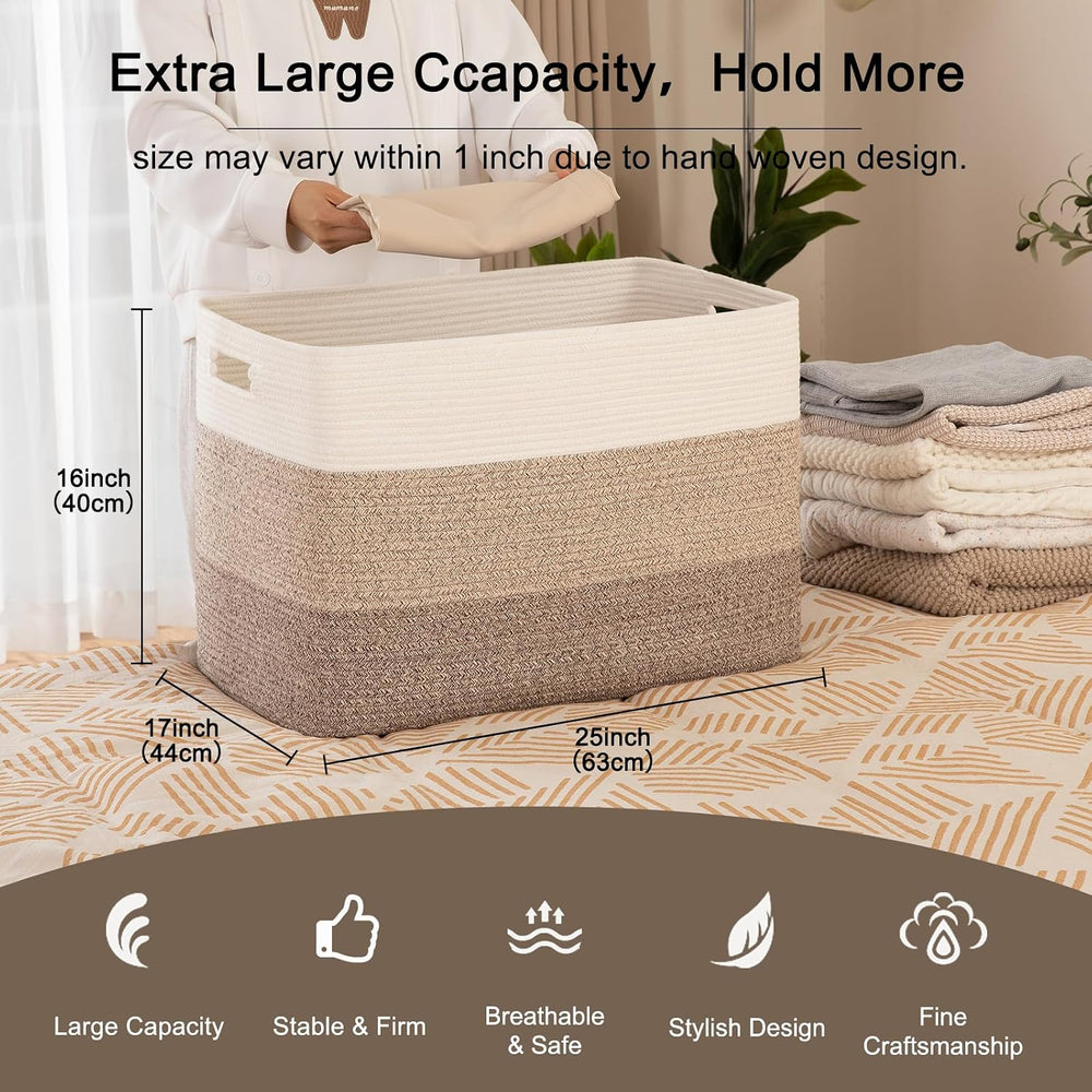 OIAHOMY 118L Extra Large Blanket Basket Cotton Rope Storage Basket Brown
