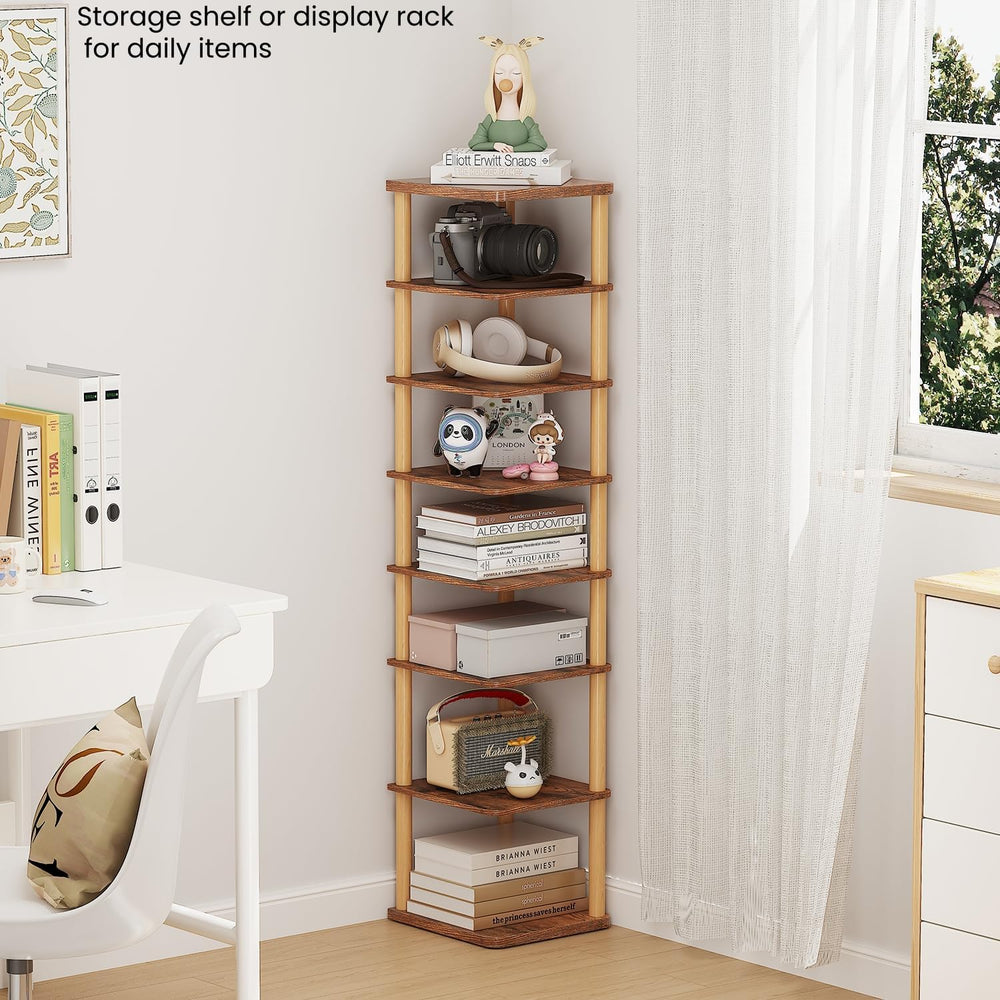 8 Tiers Vertical Shoe Rack, Tall Narrow Shoe Tower, Corner Shoe Rack, Brown
