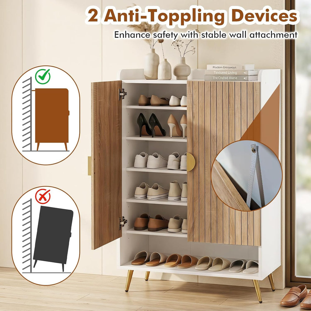 Giantex Shoe Storage Cabinet w/Door, Adjustable Shelves, Metal Leg, Natural