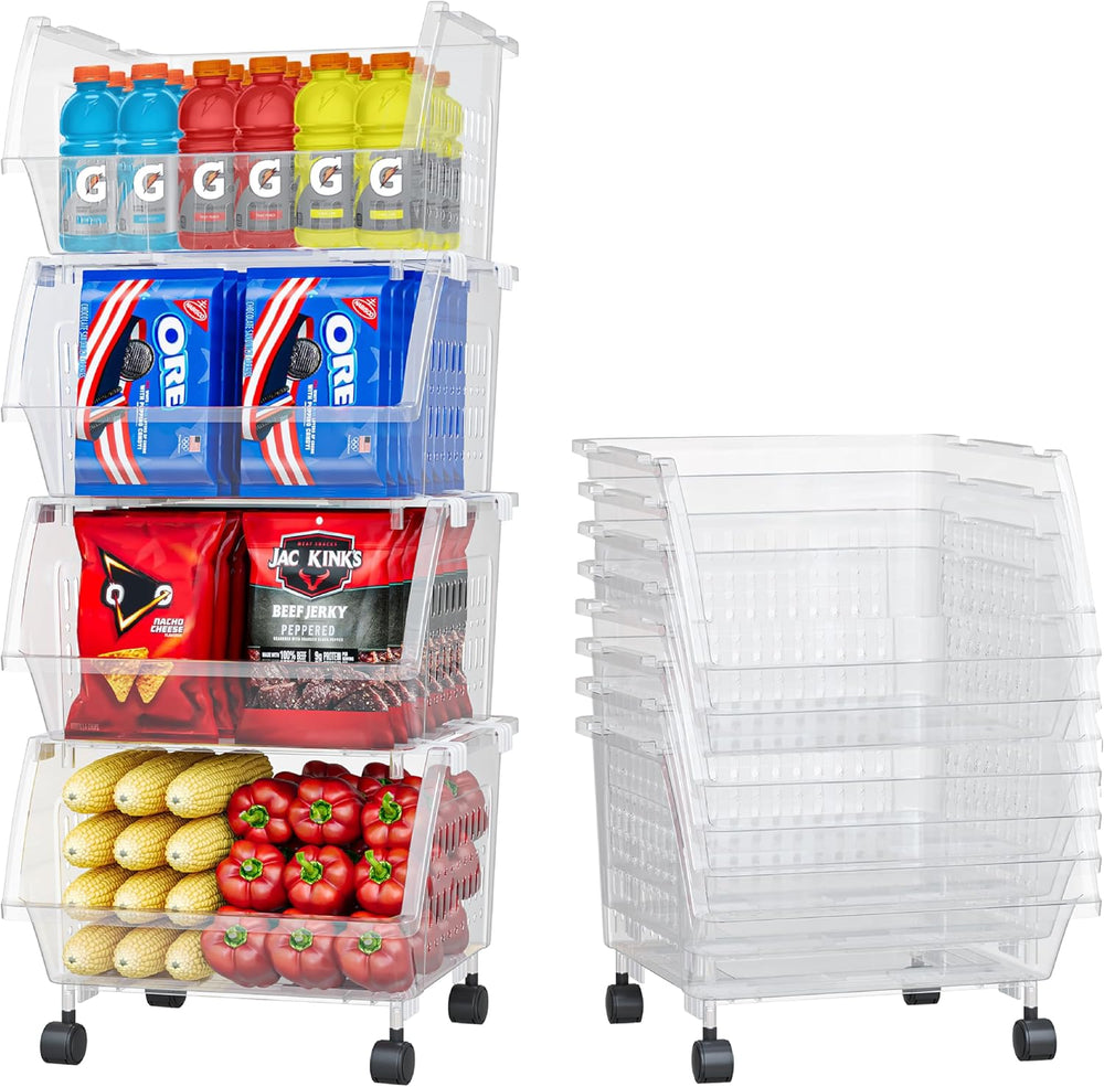 Large Stackable Storage Bins Open Front with Wheels, 8 Pack - Clear