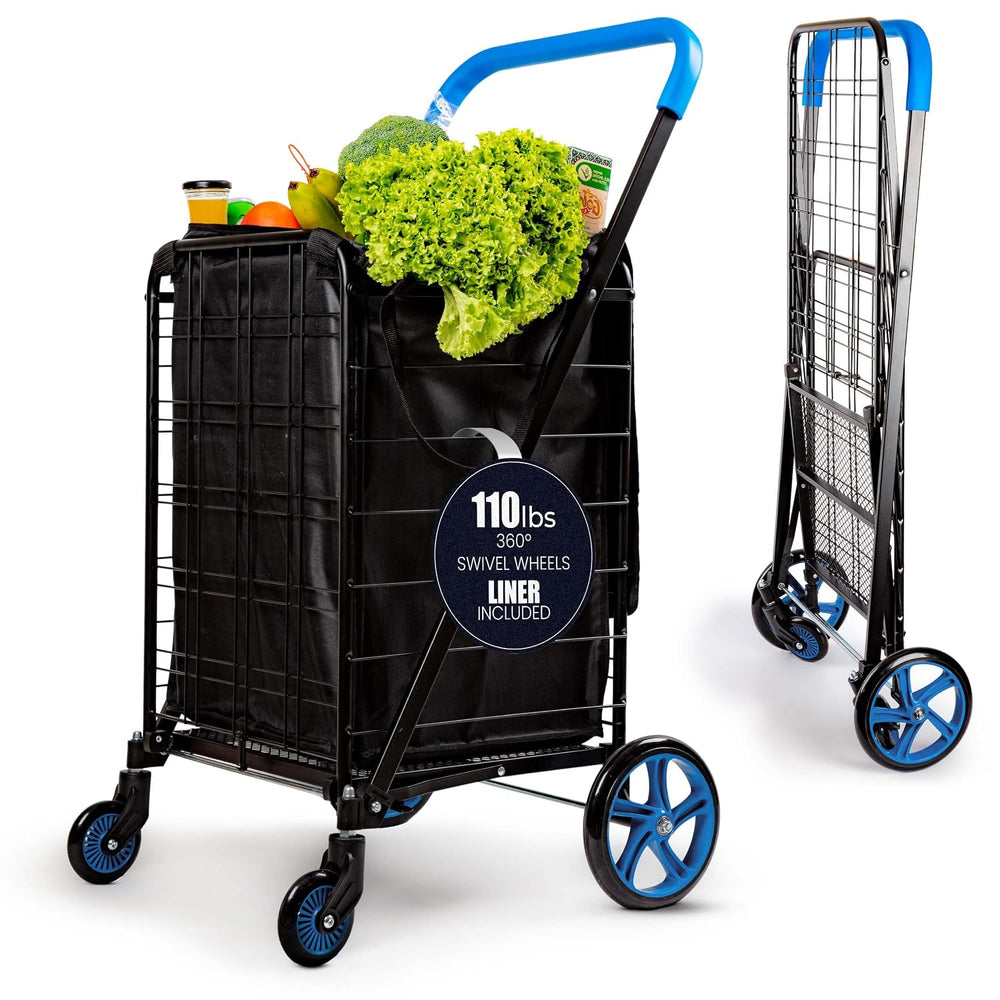 SereneLife Large Folding Utility Shopping Cart with Removable Liner – Heavy D...