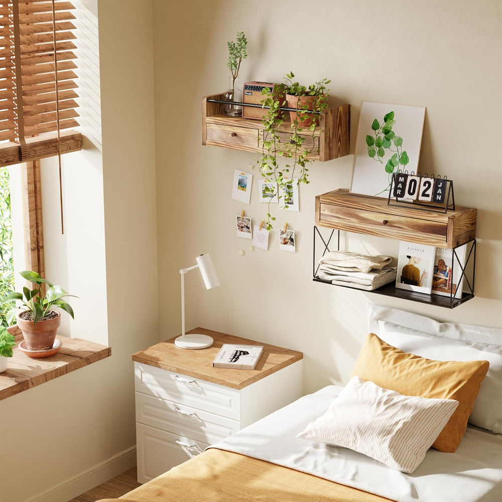 Floating Shelves with Drawer Set of 2, Wall Baskets, Bathroom Shelf with Prot...