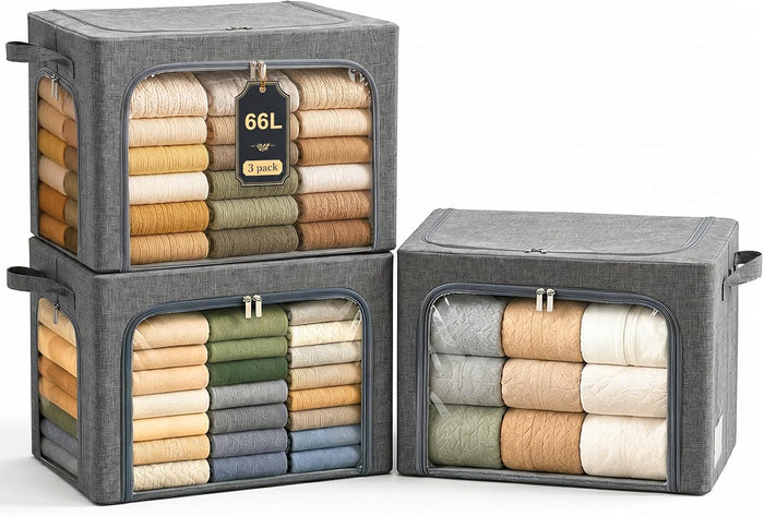 GoMaihe Clothes Storage Bins with Metal Frame for Blanket 3 Pack 66L Grey