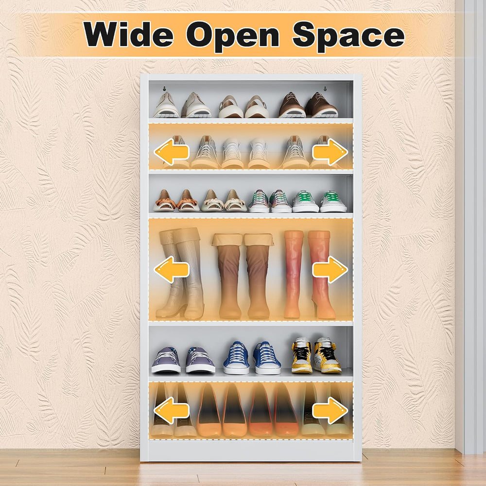 55" Metal Shoe Cabinet with Back Panel, 6 Adjustable Shelves (White)