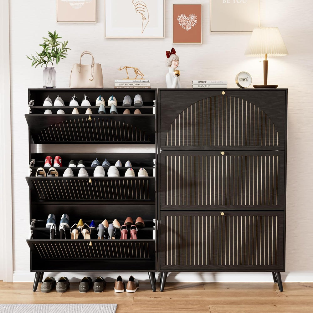 Fsbecl Shoe Storage Cabinet for Entryway with 3 Fluted Flip Drawers, Black