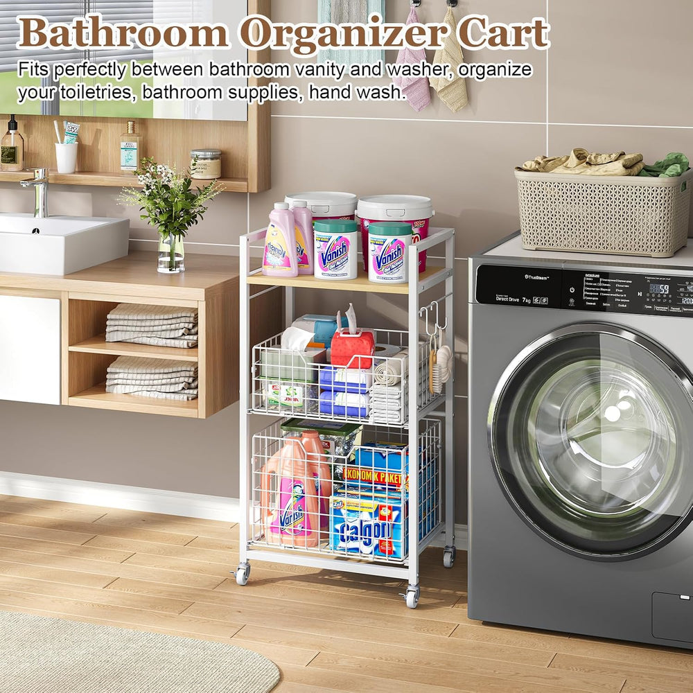 Hongtamoya 3 Tier Laundry Room Cart with Pull-Out Baskets, Storage Cart with ...