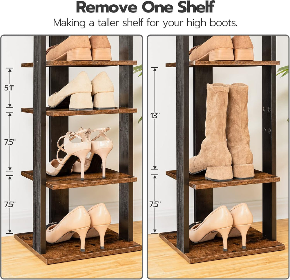HOOBRO 8 Tiers Vertical Shoe Rack, Wooden Shoe Storage Organizer with Hooks, ...