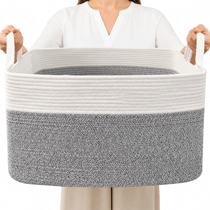 96L Laundry Basket with Handles, Extra Blanket Basket, White/Grey