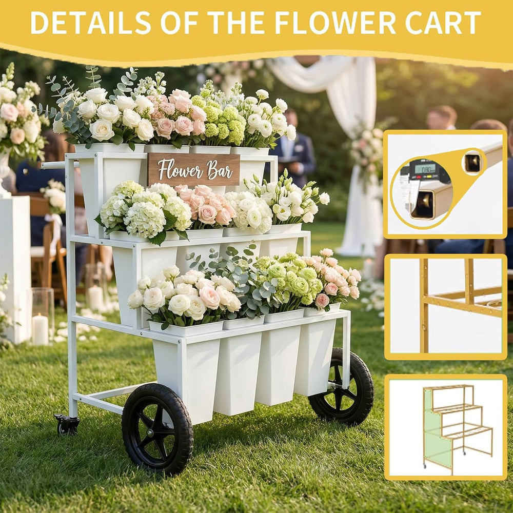 White3 Tier Metal Flower Cart Display Stand with Wheels, Mobile