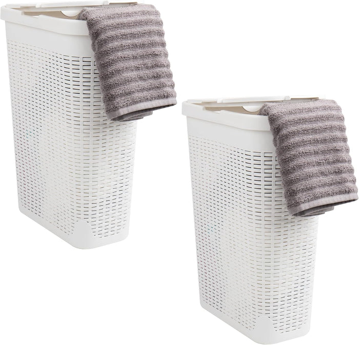 Mind Reader 40L Slim Laundry Hamper with Lid, Narrow Clothes Baskets, Set of 2, White