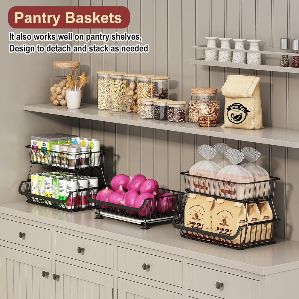 3-Tier Rolling Pantry Cart with Wheels, Stackable Wire Storage Floor Organize...