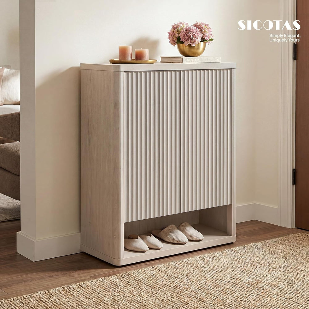 SICOTAS Shoe Cabinet 44 inch Tall Fluted Shoe Cabinet with Doors & 4 Shel...