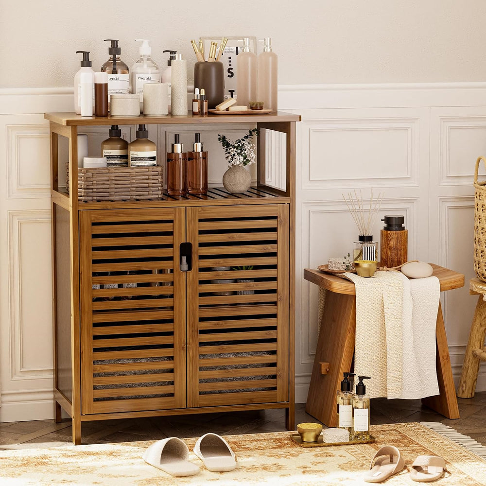 HITNET Bathroom Storage Cabinet, Bamboo Floor Cabinet with Double Doors and O...