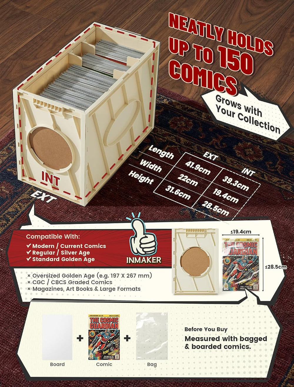 INMAKER Comic Book Storage Box, Holds Up to 150 Comics (Warm White)