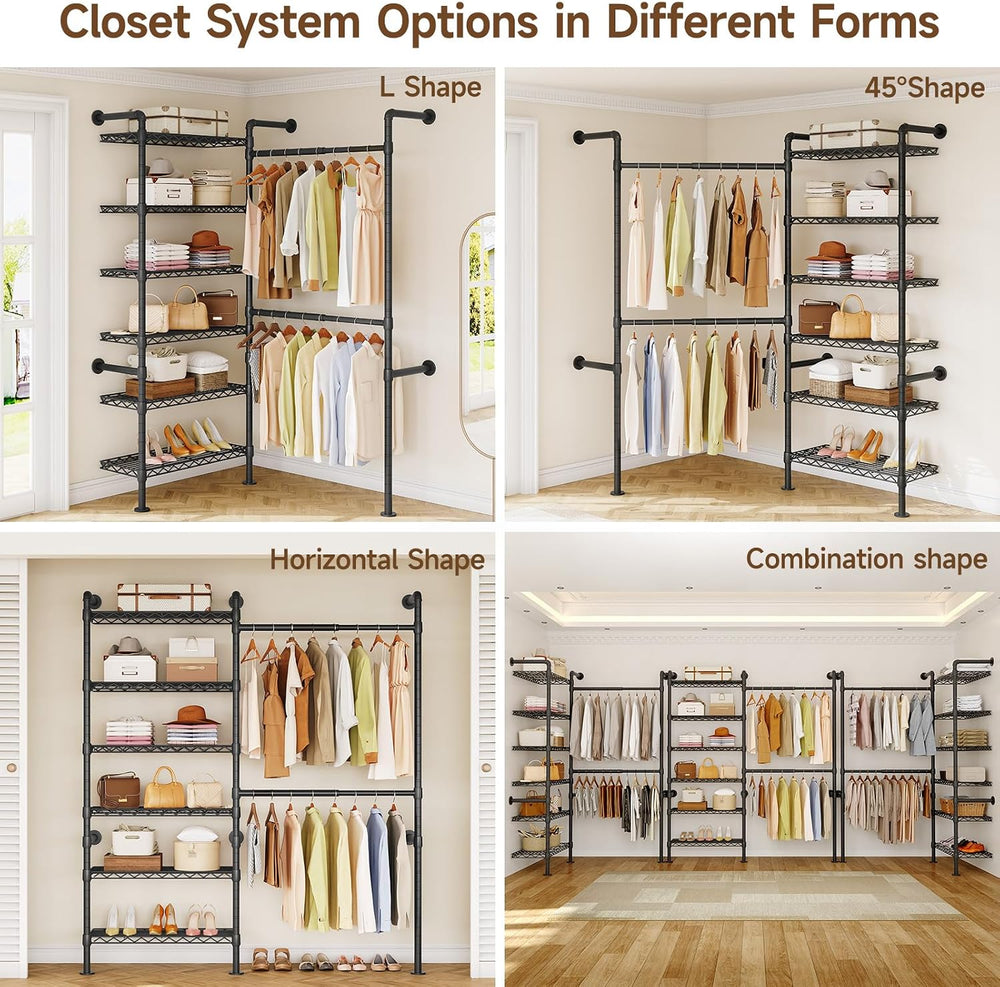 ONBRILL L2 Wall Mounted Closet System, Industrial Pipe Clothing Rack, Black
