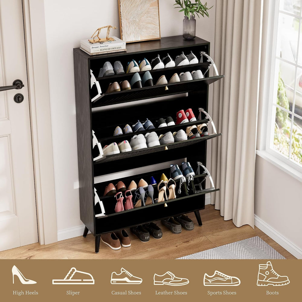 Fsbecl Shoe Storage Cabinet for Entryway with 3 Fluted Flip Drawers, Black
