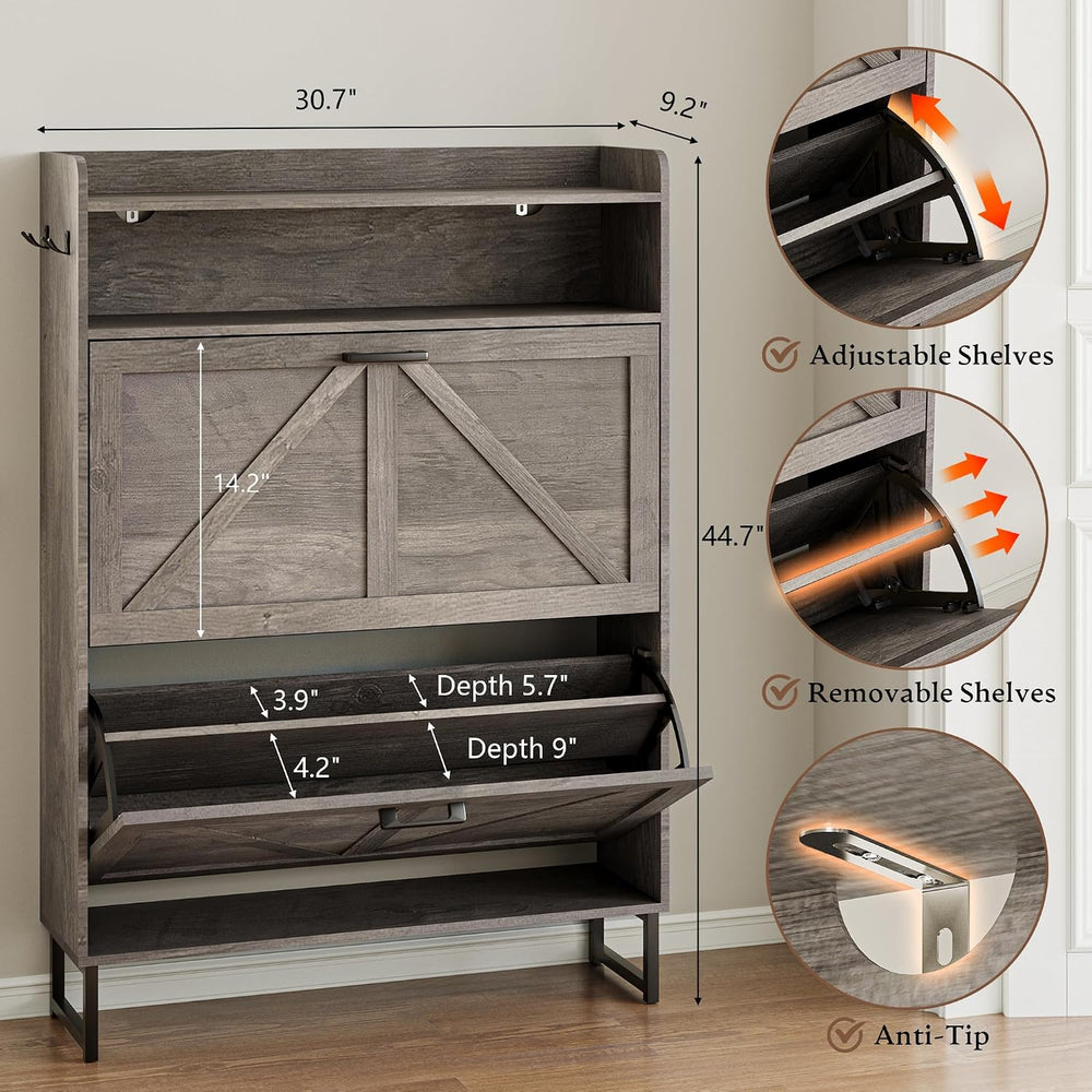 BORNOON Shoe Cabinet with 2 Flip Drawers Narrow Shoe Storage Organizer Wooden...