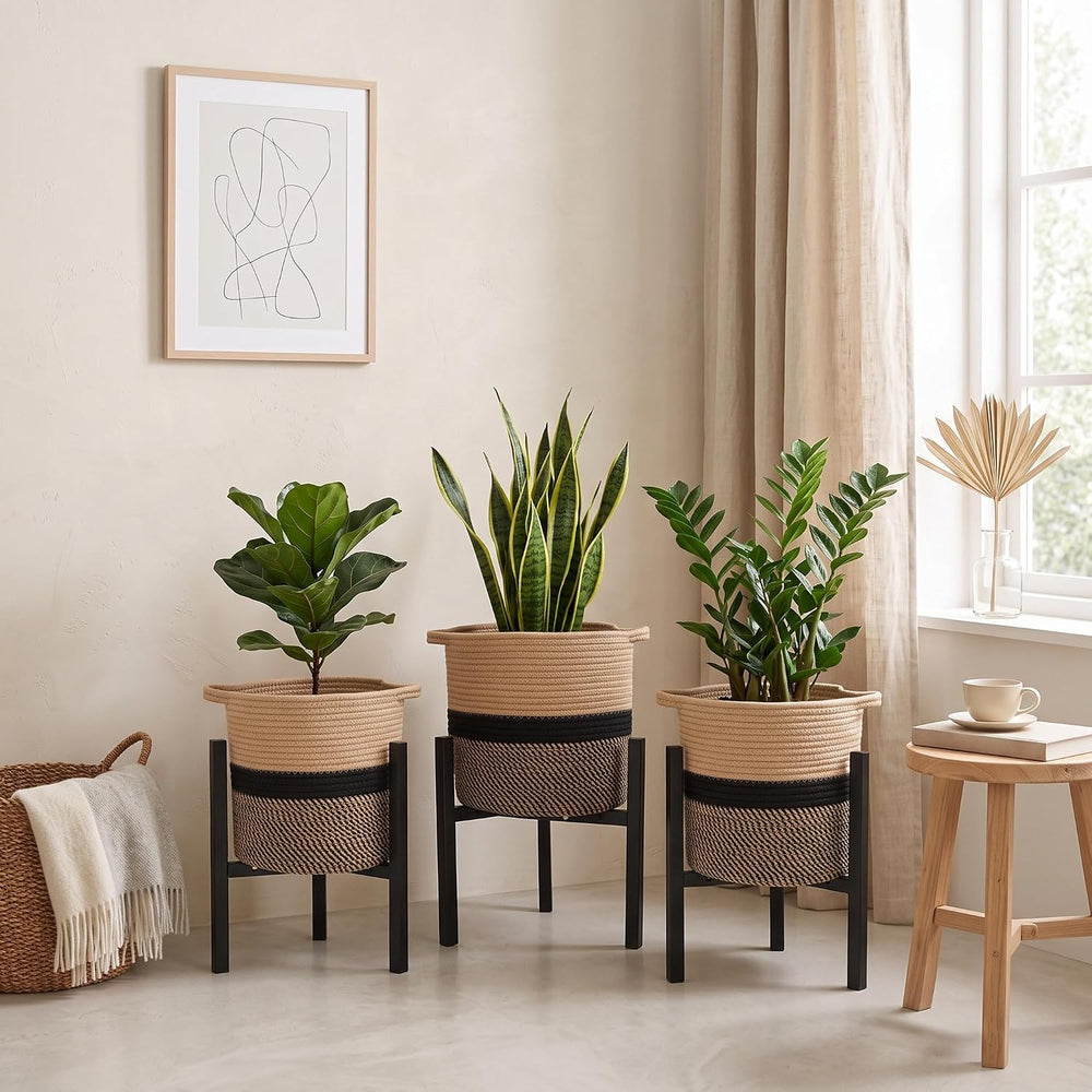 3 Pack Metal Plant Stands with Rope Baskets, Stylish, Boho