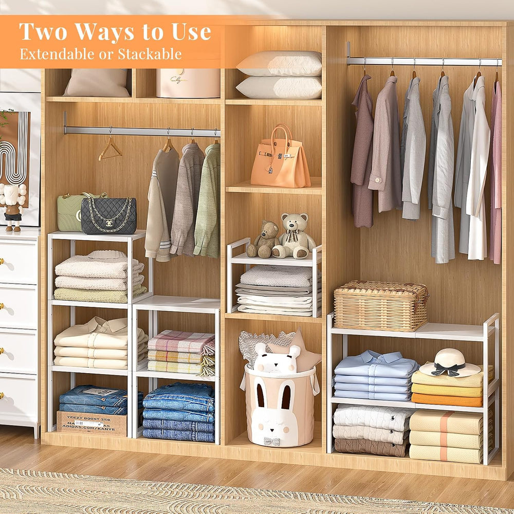 ThreeHio 2 Pack Stackable Closet Organizers and Storage Shelves, Expandable M...