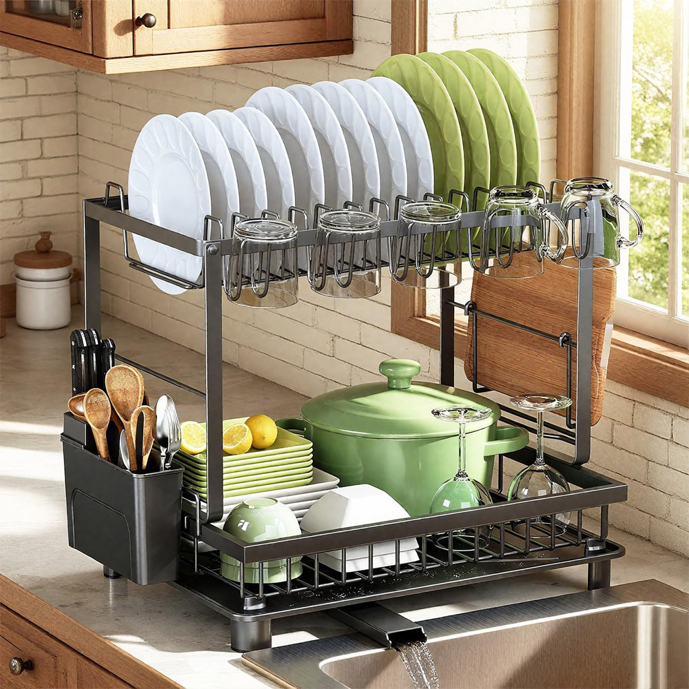 2-Tier Dish Drying Rack for Kitchen Counter, Space-Saving, Black