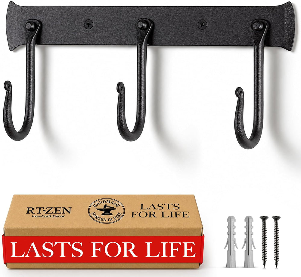 RTZEN Classic Farmhouse Wall Mount Multi-Use Wrought Iron Hook Set (3 Pack)