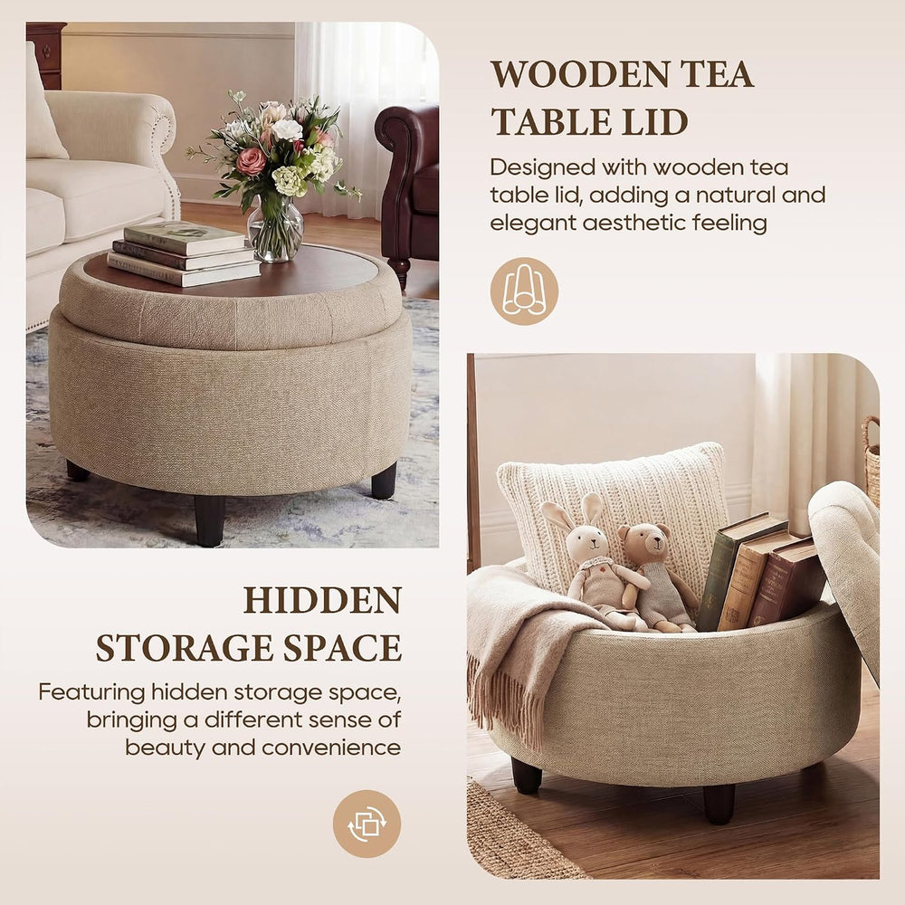 COLAMY Fabric Round Storage Ottoman with Reversible Tray Lid – Multi-Function...