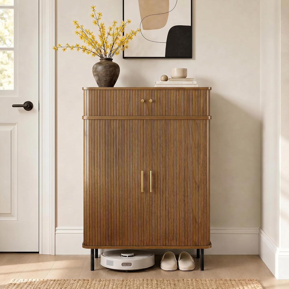 DreamDashio 5-Tier Shoe Cabinet with Tambour Sliding Door, Set of 2, Walnut