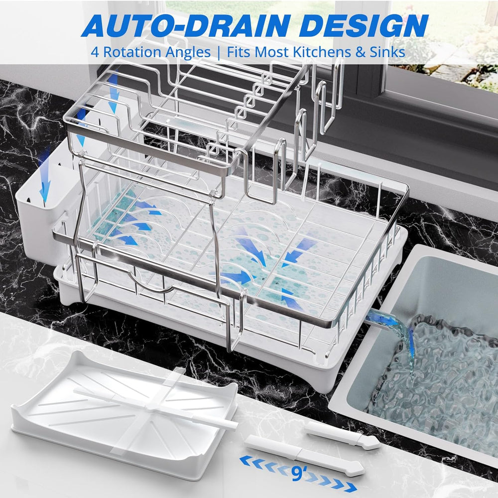 Godboat 2-Tier Dish Drying Rack - 304 Stainless Steel Dish Rack Auto Drain