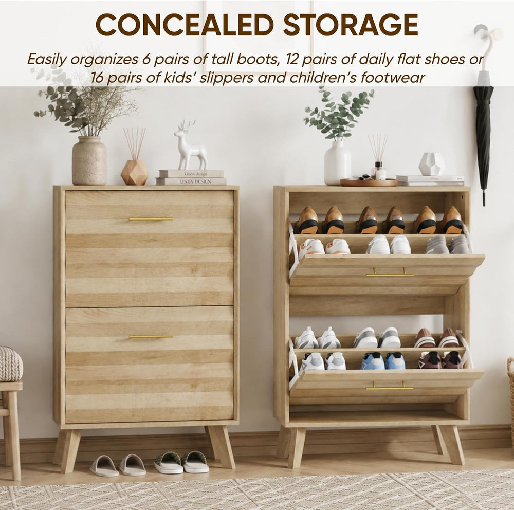 Semiocthome 23.6" Slim Shoe Storage Cabinet with 2 Flip Drawers, Oak