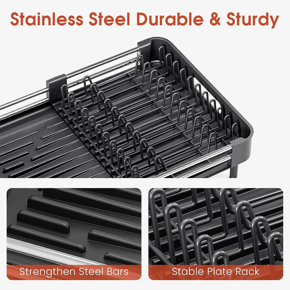 TOOLF Expandable Dish Drying Rack for Kitchen Counter, Standard, Black