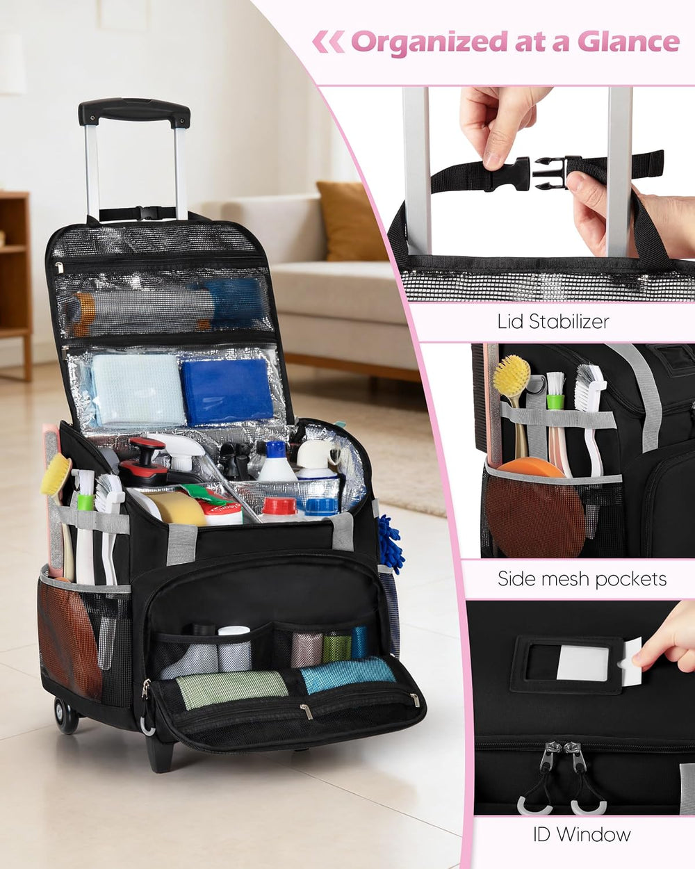 Marscamd Large Rolling Cleaning Caddy Bag with Detachable Trolley, Black
