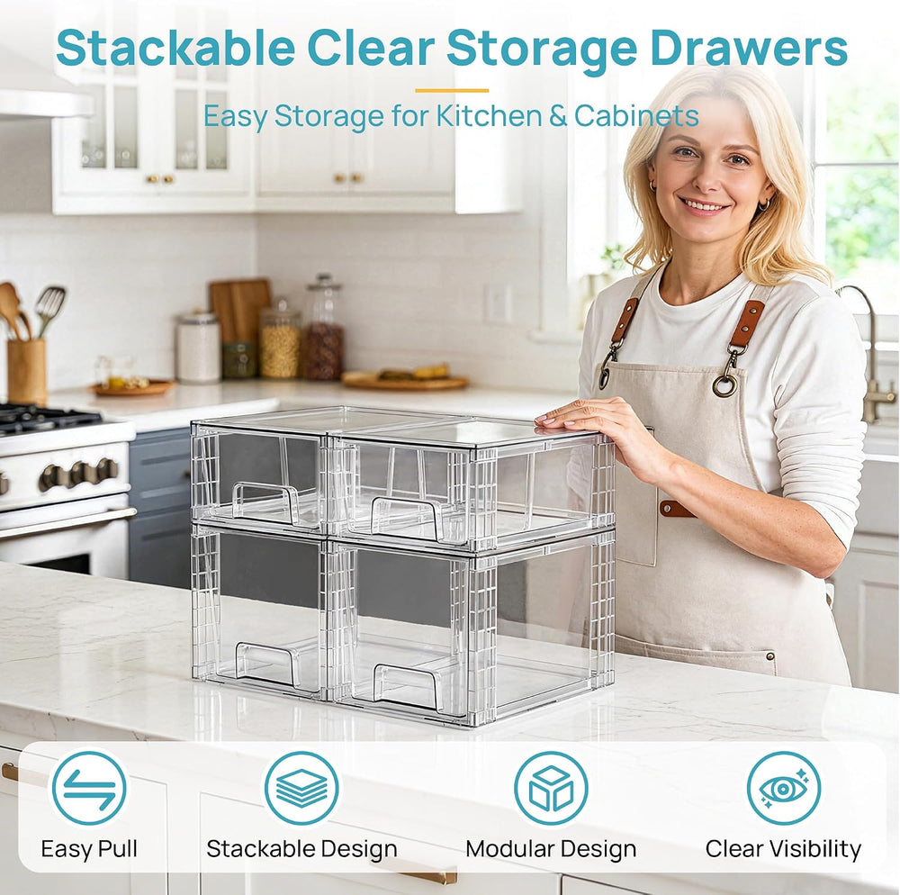 Vtopmart Clear Stackable Storage Drawers, 4 Pack Kitchen Cabinet Set