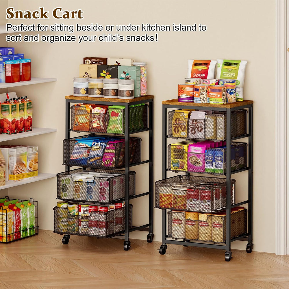 Kitchen Rolling Cart with Drawers, 4-Tier Fruit Vegetable Storage Cart on Whe...